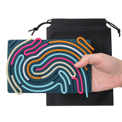 Colorful silicone bread shapes on a black drawstring bag with a hand holding them.