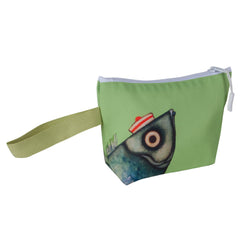 Green pouch with fish design and red hat on a white background