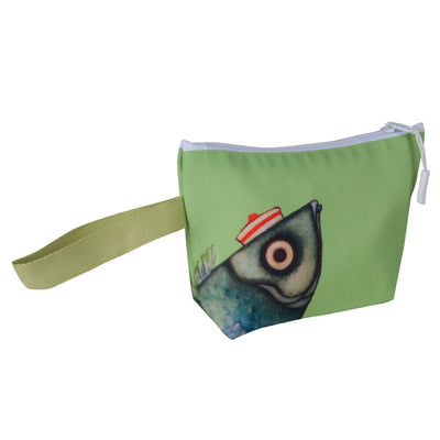 Green pouch with fish design and red hat on a white background