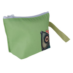 Green pouch with a fish design on a white background