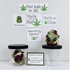 Two small plush animals in jars with humorous cards on a white background