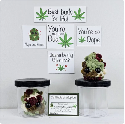 Two small plush animals in jars with humorous cards on a white background