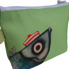 Green pouch with a fish design on a white background