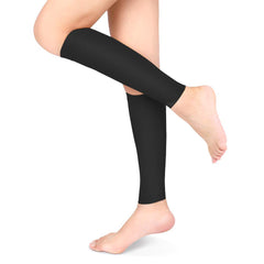 Black compression sleeve on a leg against a white background