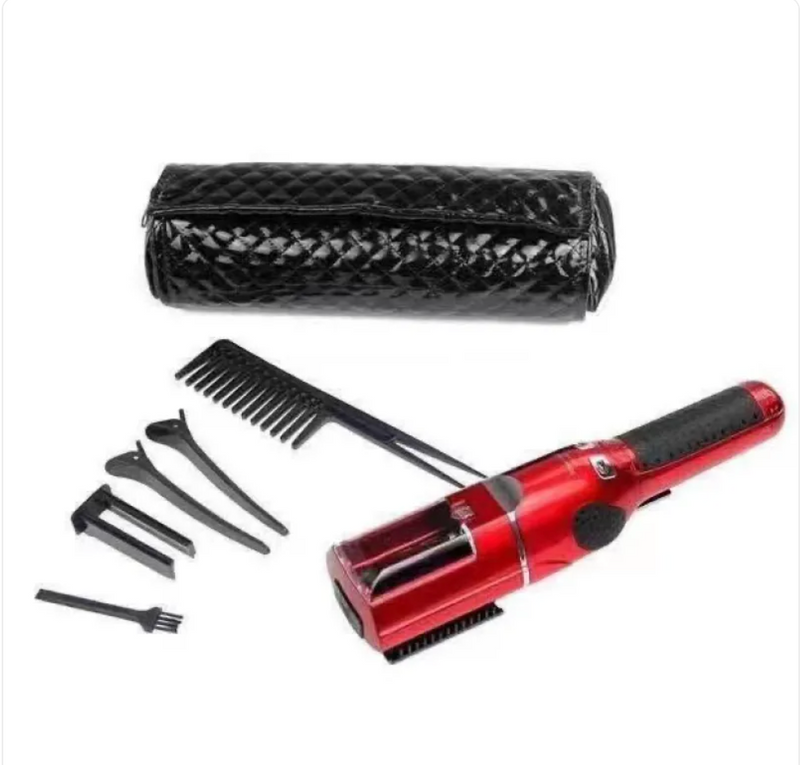 Red hair styling tool with accessories on a white background