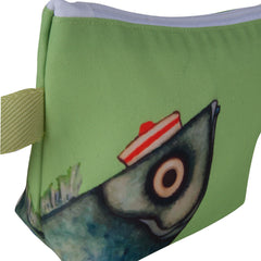 Green pouch with a fish design wearing a red and white hat on a white background