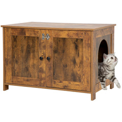 Wooden pet furniture with a cat peeking out from a hidden area on a white background